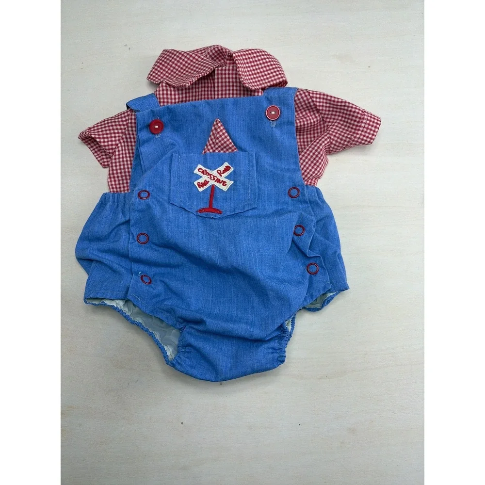 Vintage Baby Boy Train Bubble Romper and Gingham Shirt Set Blue Red 3-6 Months